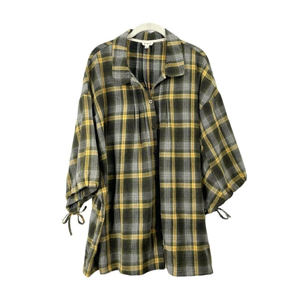 POL button up boxy oversized plaid shirt top Size‎ S green yellow boho